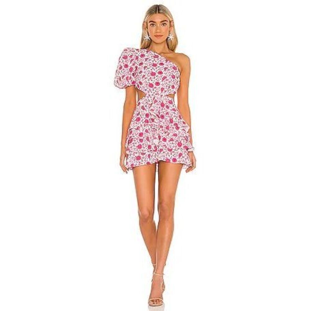 Mergim Revolve Dakota One Shoulder Dress in White & Pink Size 1 Size Small